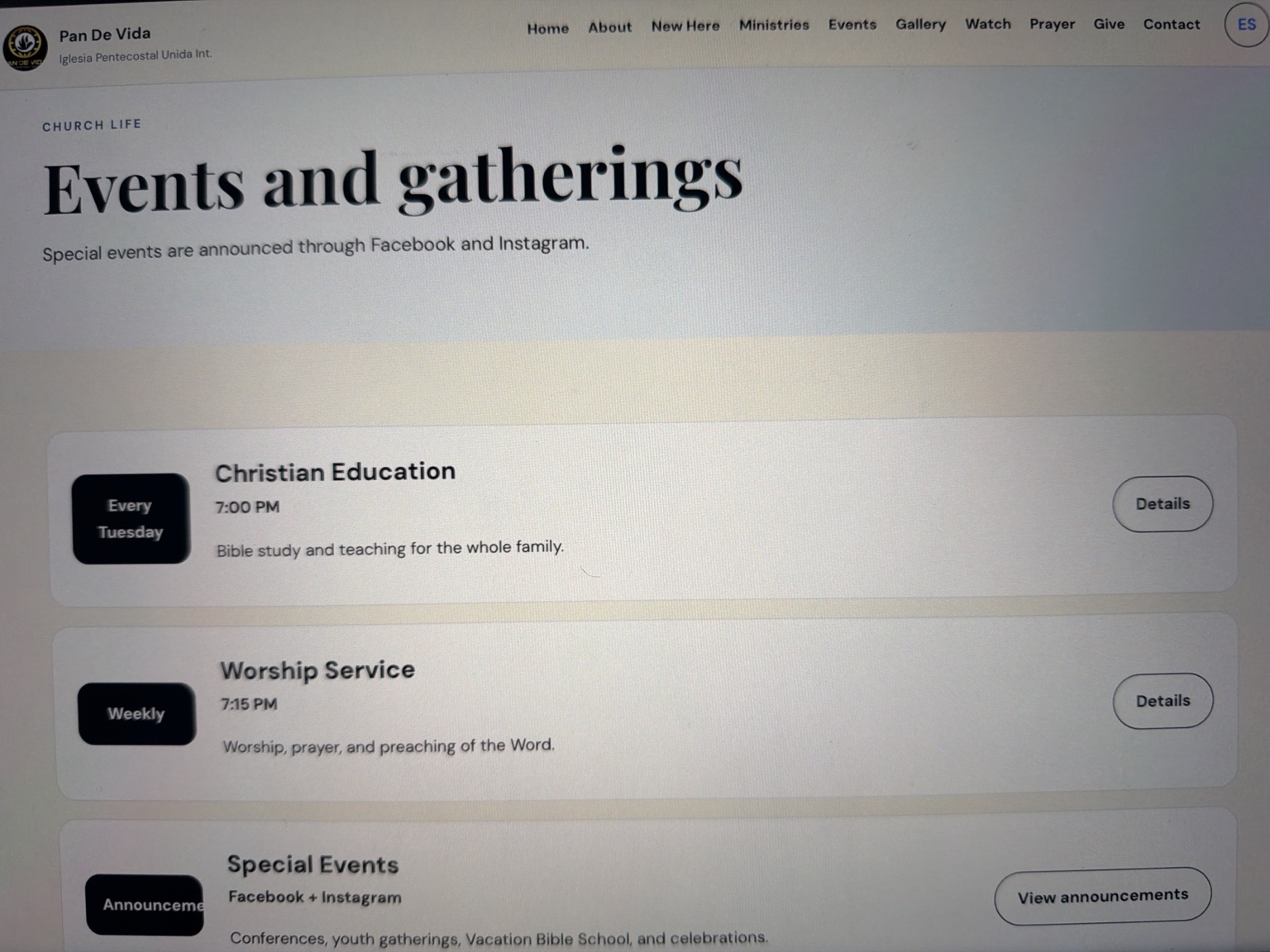 Pan De Vida events and gatherings page