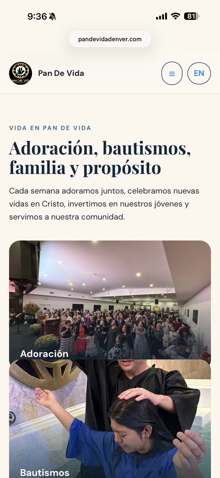 Spanish mobile version of the Pan De Vida website
