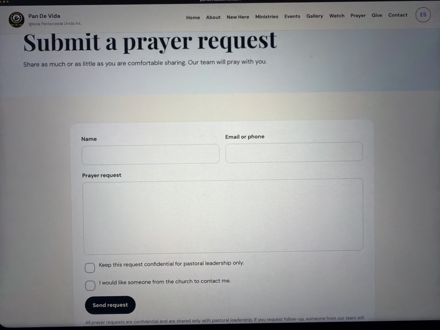 Pan De Vida prayer request form